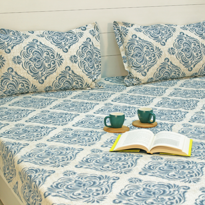 Printed Floral Cotton 144 TC Fitted Bedsheet with Pillow Covers - Grey