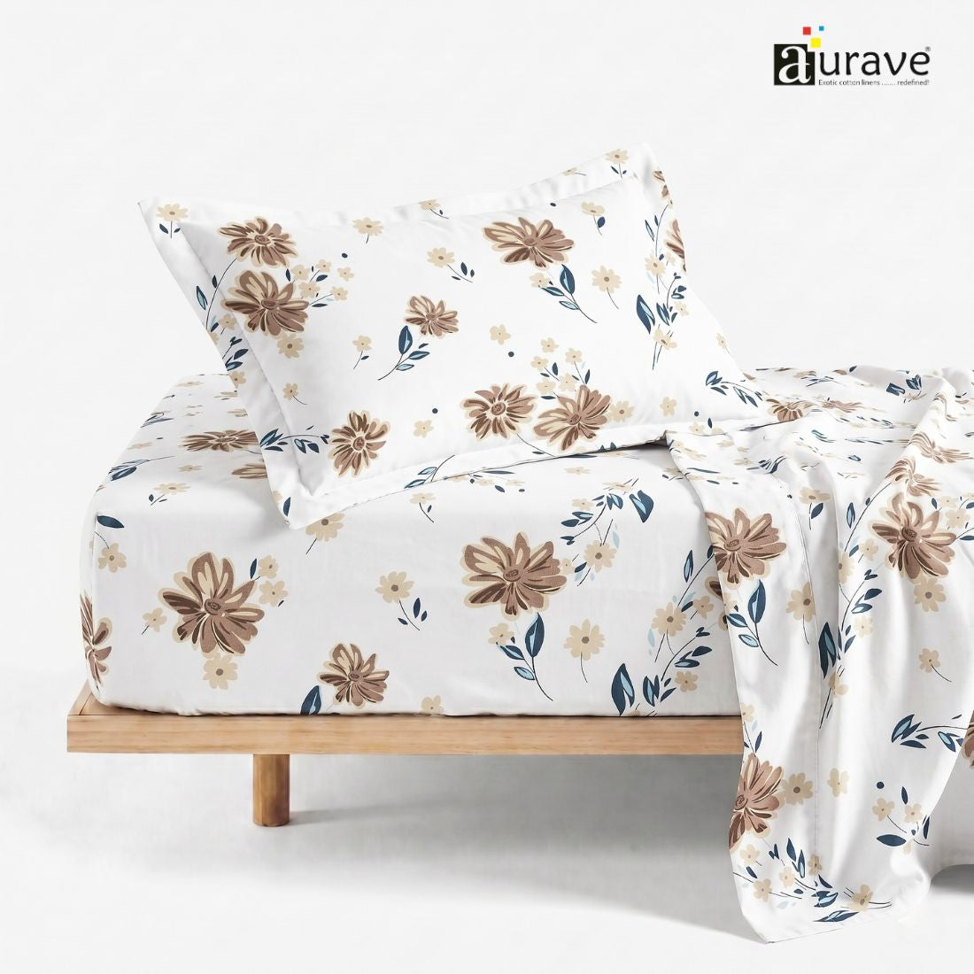 Printed Cotton Floral 144 TC Bedsheet with Pillow Covers - Brown