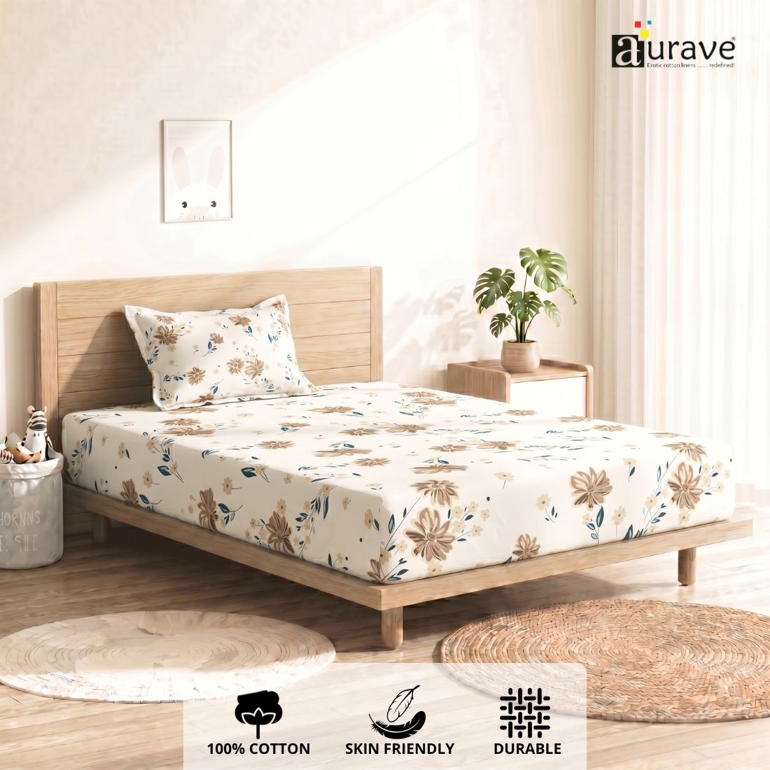 Printed Cotton Floral 144 TC Bedsheet with Pillow Covers - Brown