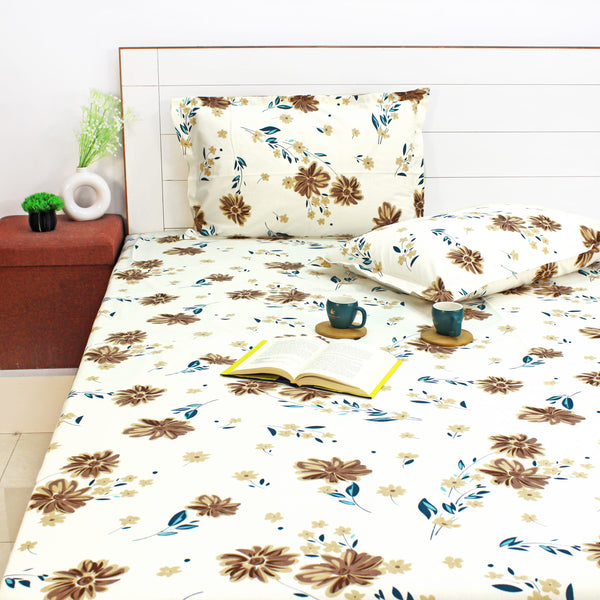 Printed Floral Cotton 144 TC Fitted Bedsheet with Pillow Covers - Brown