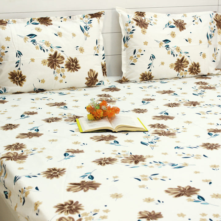 Printed Floral Cotton 144 TC Fitted Bedsheet with Pillow Covers - Brown