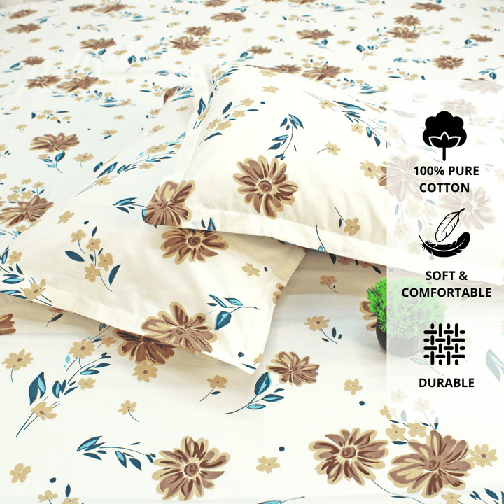 Close up Printed Floral Cotton 144 TC Fitted Bedsheet with Pillow Covers - Brown