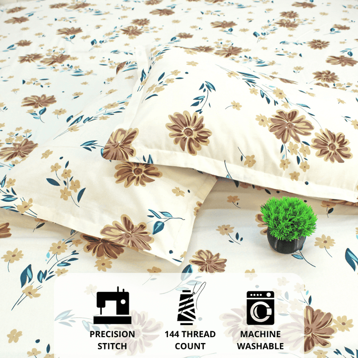 Close up Printed Floral Cotton 144 TC Fitted Bedsheet with Pillow Covers - Brown