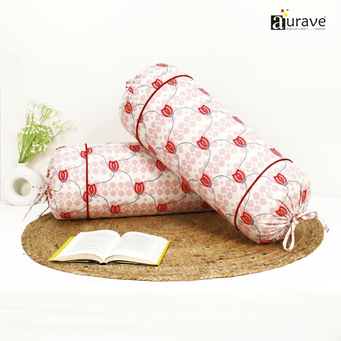 Printed Floral Cotton 2 Pcs Bolster Cover set - Pink