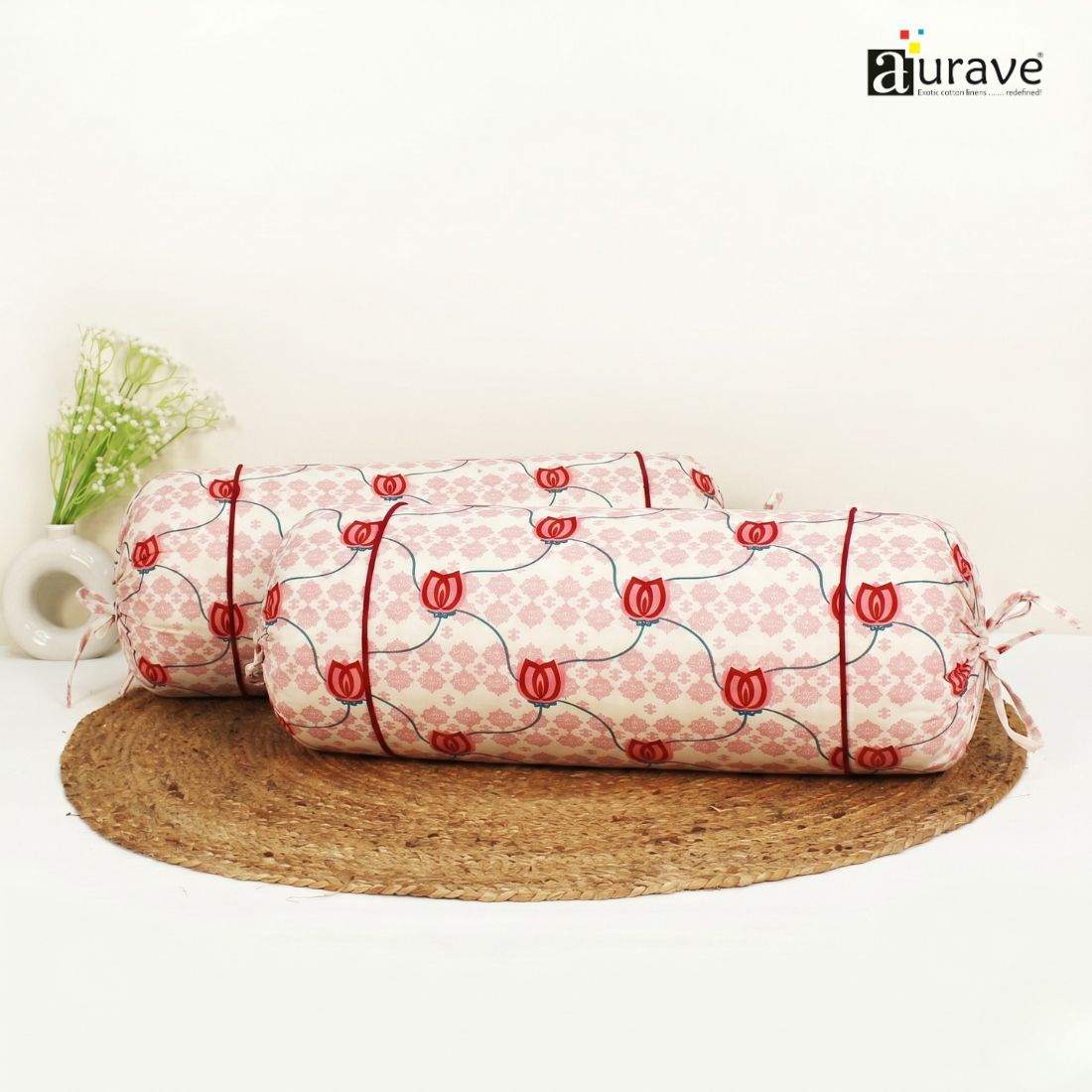 Printed Floral Cotton 2 Pcs Bolster Cover set - Pink