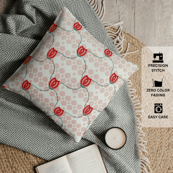 Decorative pillow with red tulip pattern on a textured surface with text highlighting features.