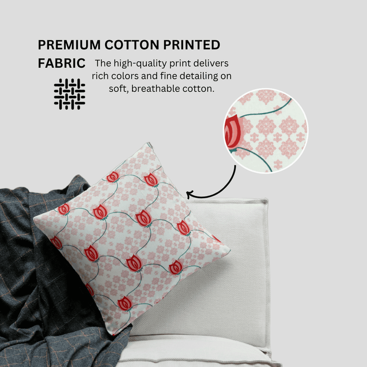 Decorative pillow with floral pattern on a bed, featuring premium cotton printed fabric.