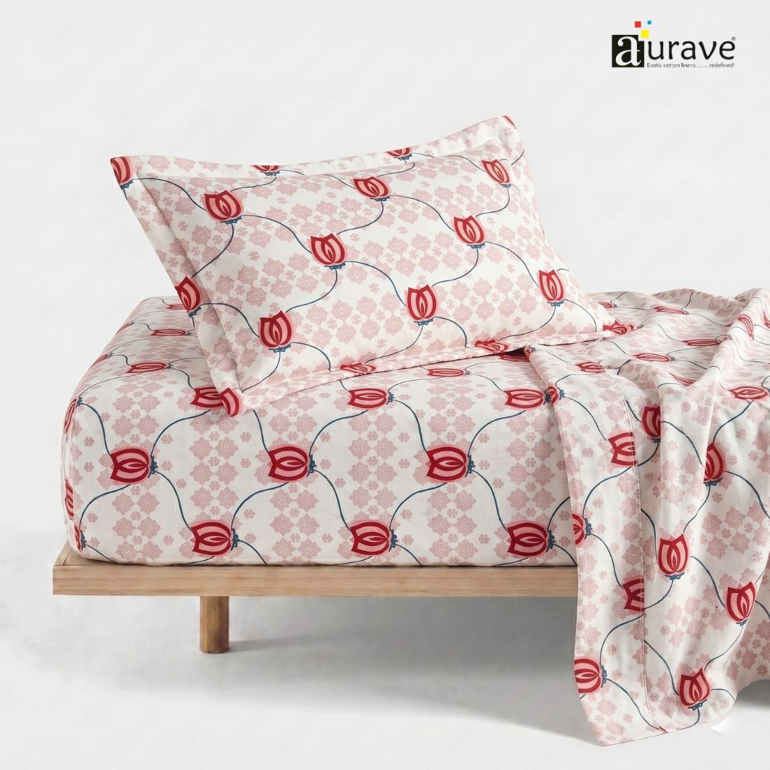 Printed Cotton Floral 144 TC Bedsheet with Pillow Covers - Pink