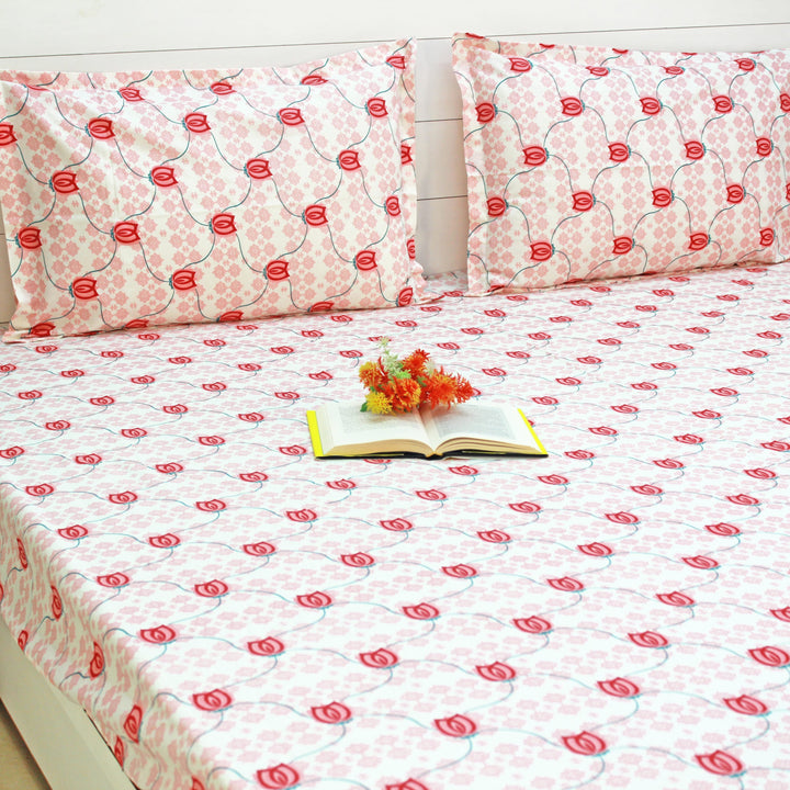 Printed Floral Cotton 144 TC Fitted Bedsheet with Pillow Covers - Pink