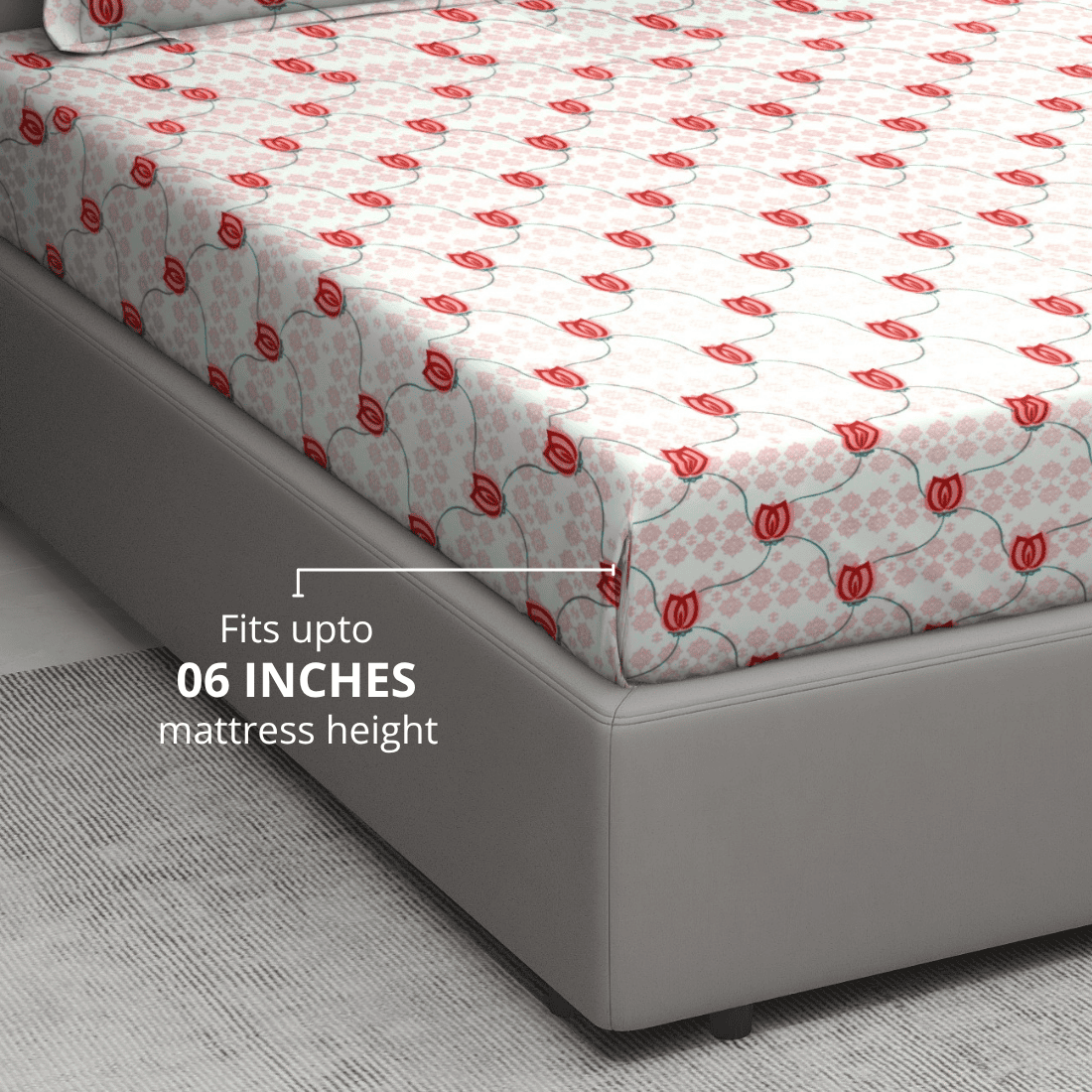 Printed Floral Cotton 144 TC Fitted Bedsheet  Fits upto 06 Inches 