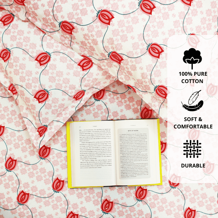 Close up Printed Floral Cotton 144 TC Fitted Bedsheet with Pillow Covers - Pink