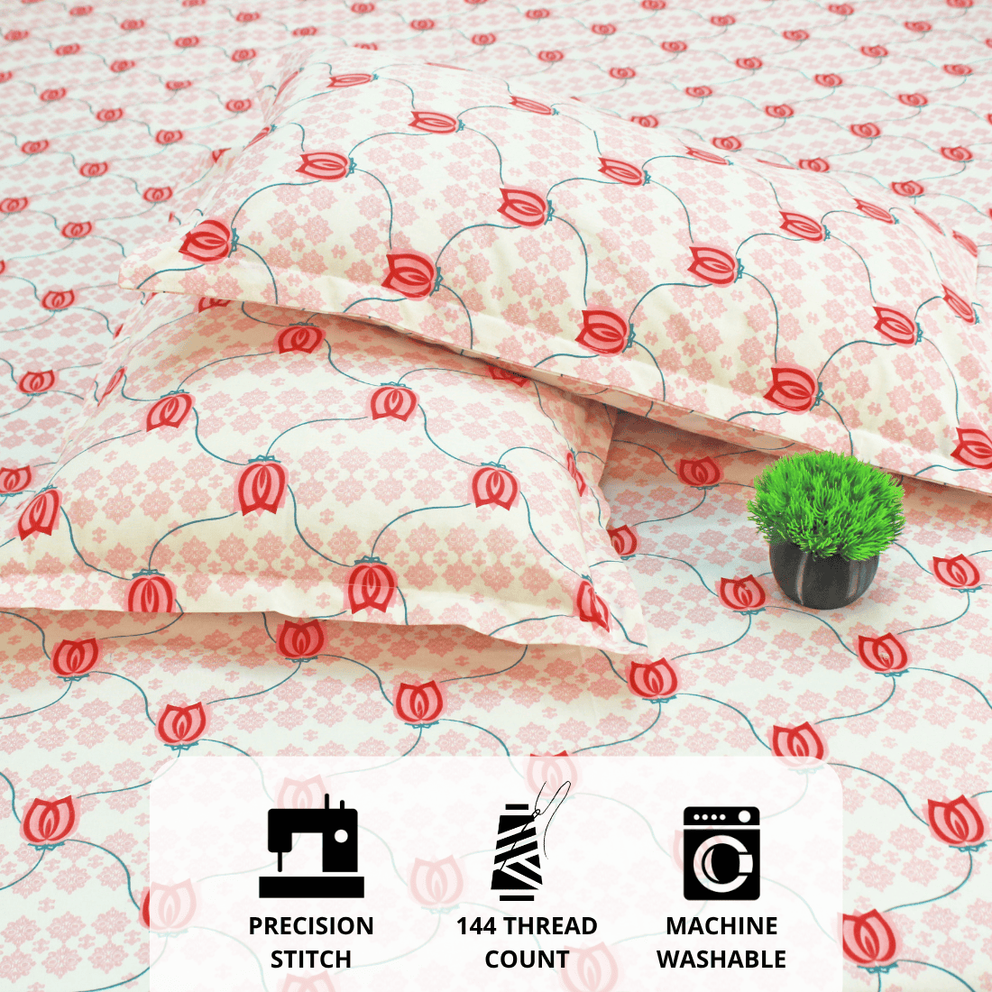 Full View  Close up Printed Floral Cotton 144 TC Fitted Bedsheet with Pillow Covers - Pink