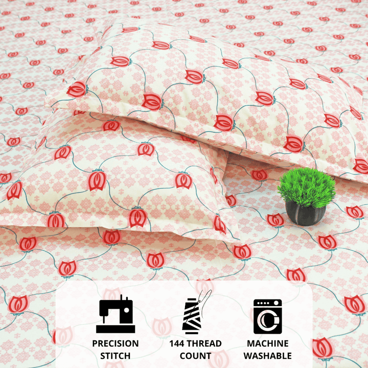 Full View  Close up Printed Floral Cotton 144 TC Fitted Bedsheet with Pillow Covers - Pink