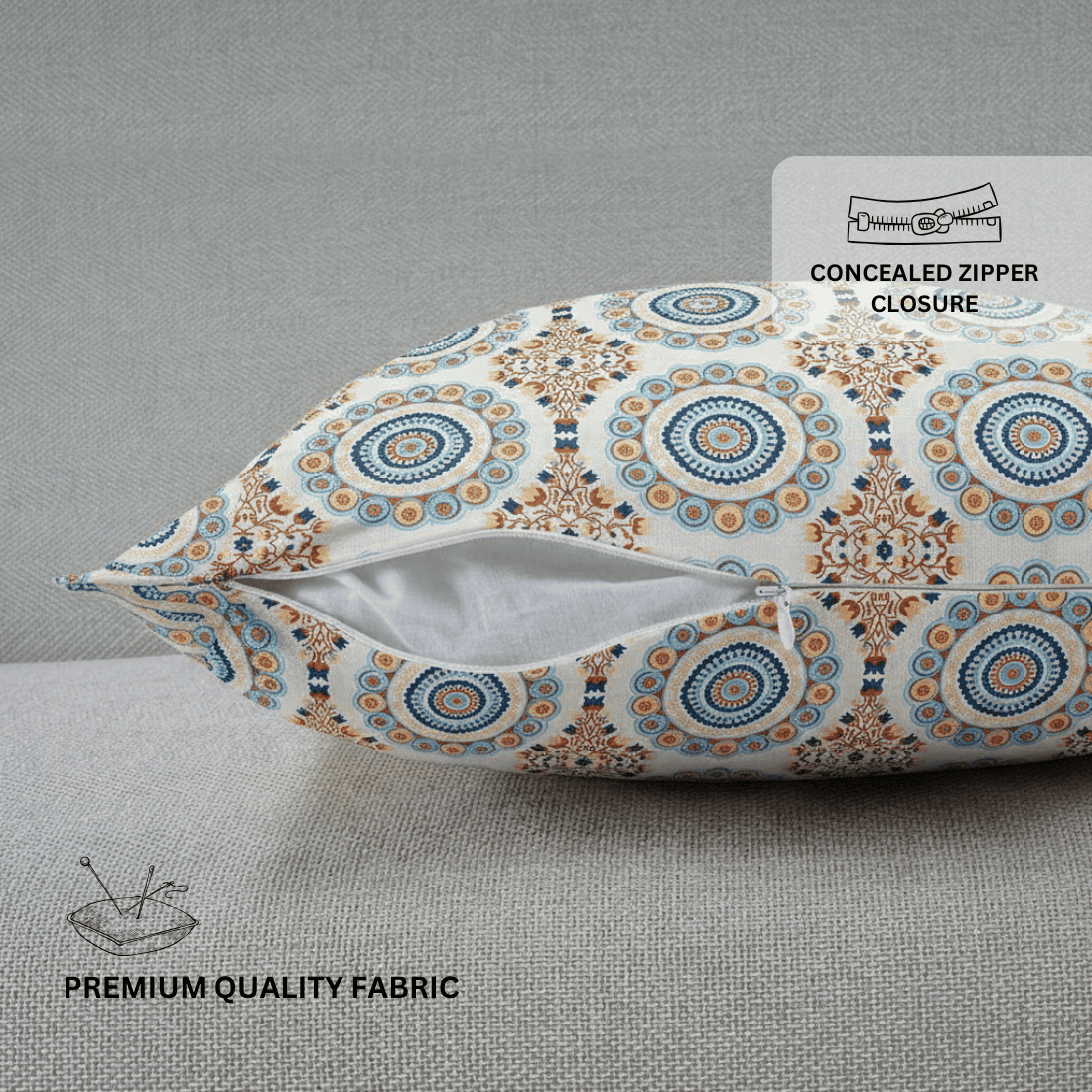 pillow with a geometric pattern on a gray background, featuring text about concealed zipper closure and premium quality fabric.