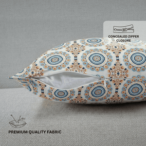 pillow with a geometric pattern on a gray background, featuring text about concealed zipper closure and premium quality fabric.
