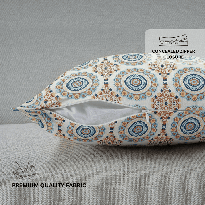 pillow with a geometric pattern on a gray background, featuring text about concealed zipper closure and premium quality fabric.