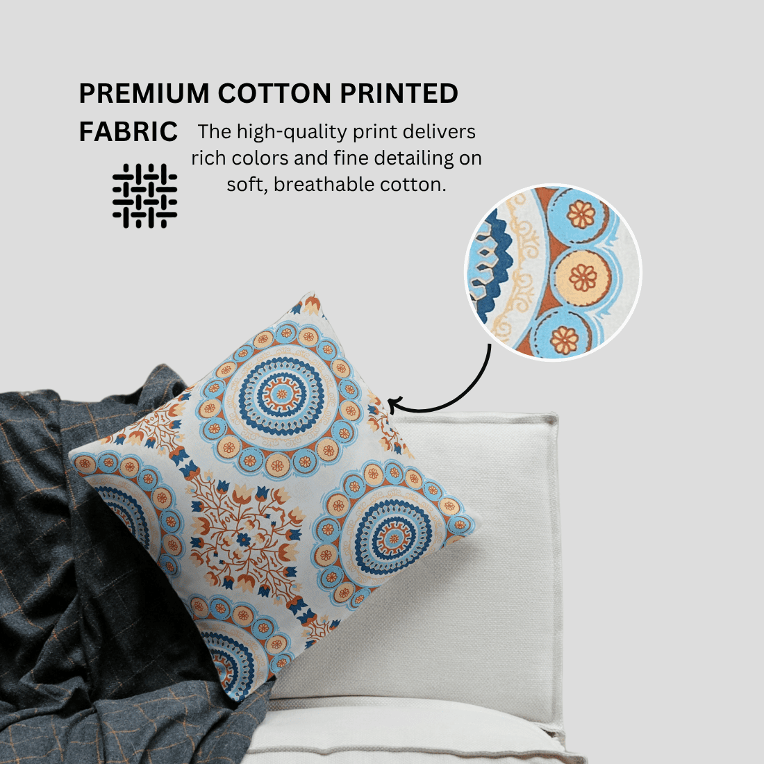 geometric pattern on a bed, featuring premium cotton printed fabric.