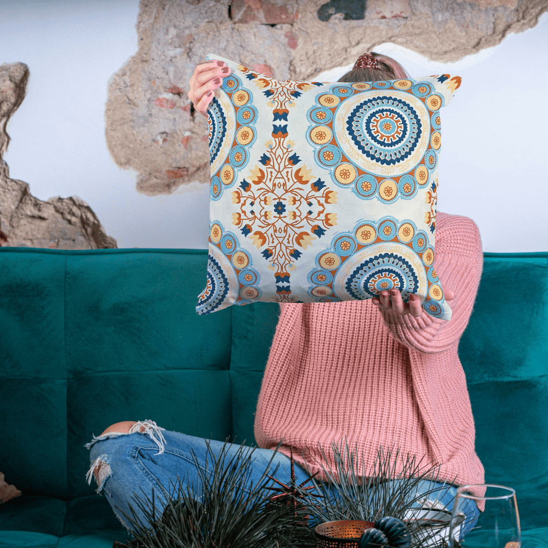 Blue and orange mandala printed cotton cushion cover adding vibrant touch to home décor