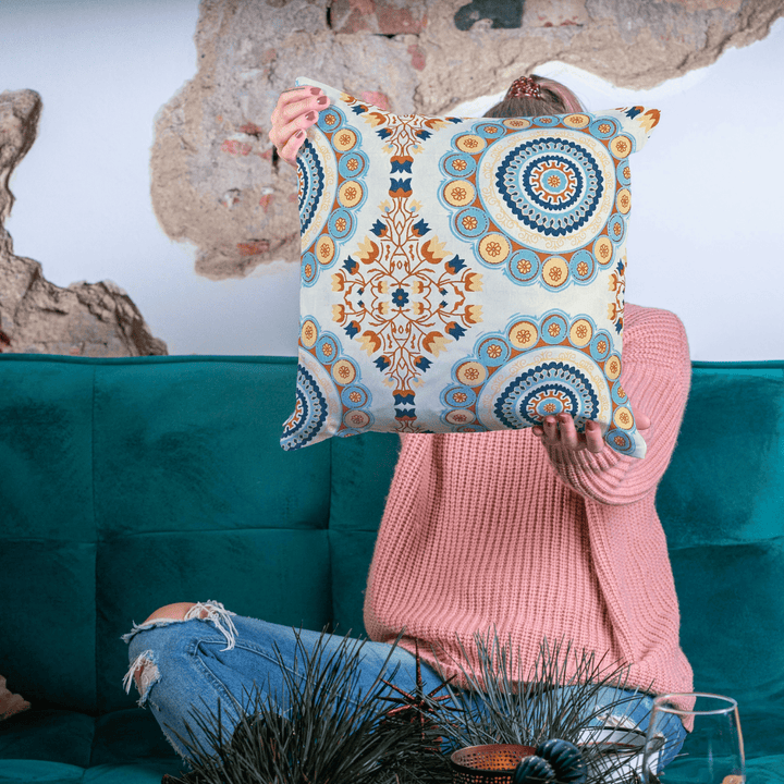 Blue and orange mandala printed cotton cushion cover adding vibrant touch to home décor
