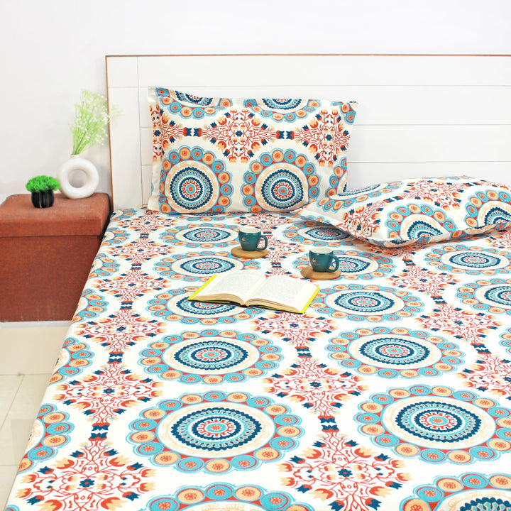 Printed Floral Cotton 144 TC Fitted Bedsheet with Pillow Covers - Blue