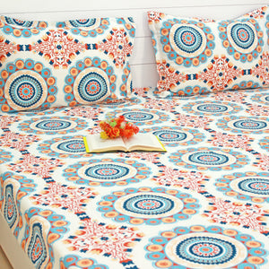 Printed Floral Cotton 144 TC Fitted Bedsheet with Pillow Covers - Blue