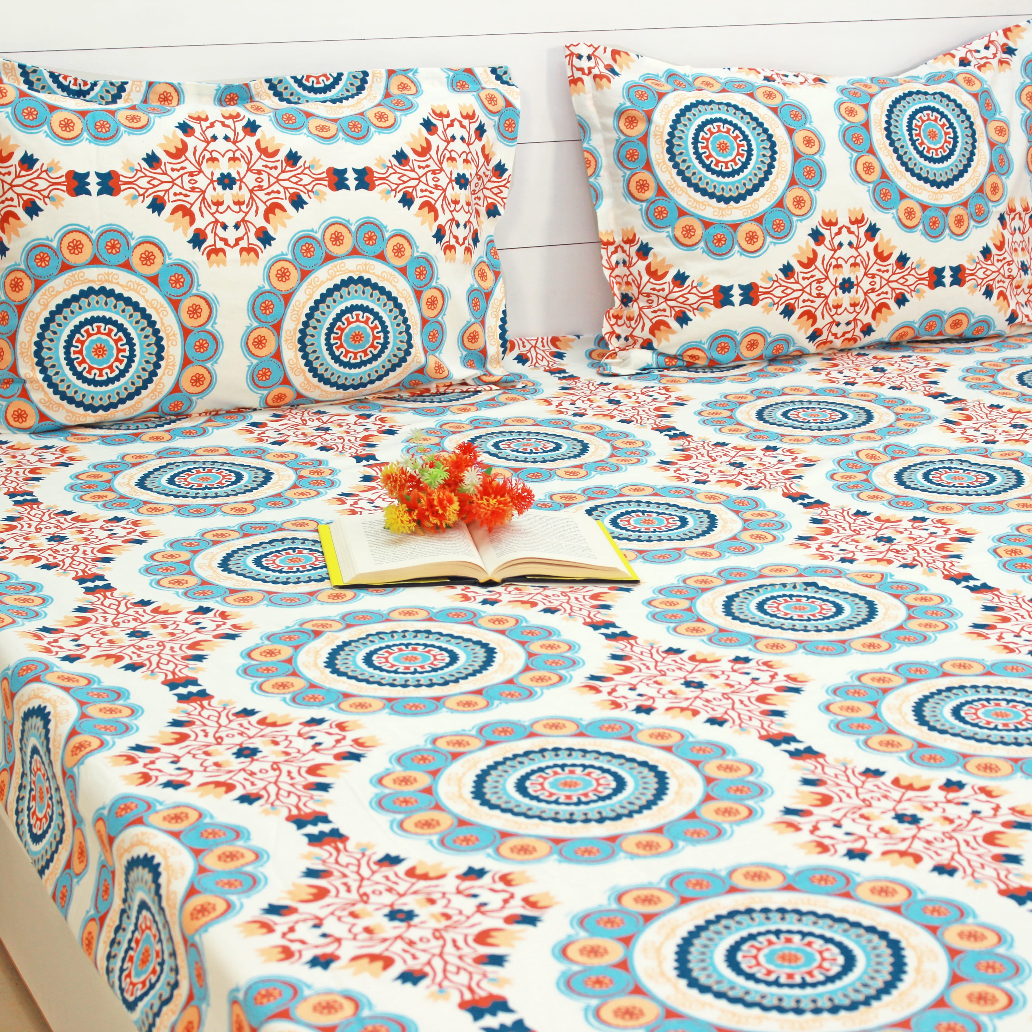 Printed Floral Cotton 144 TC Fitted Bedsheet with Pillow Covers - Blue