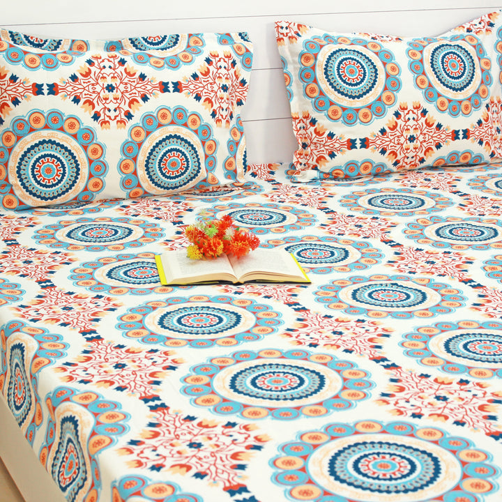 Printed Floral Cotton 144 TC Fitted Bedsheet with Pillow Covers - Blue