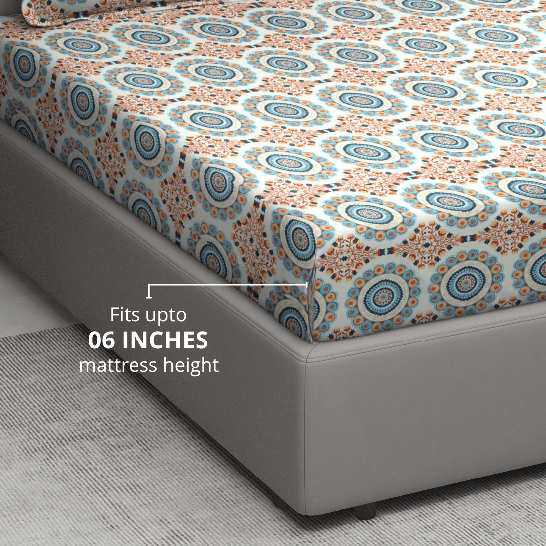 Printed Floral Cotton 144 TC Fitted Bedsheet Fits upto 06 Inches