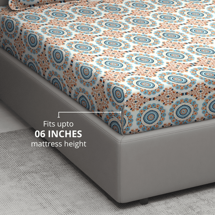 Printed Floral Cotton 144 TC Fitted Bedsheet Fits upto 06 Inches