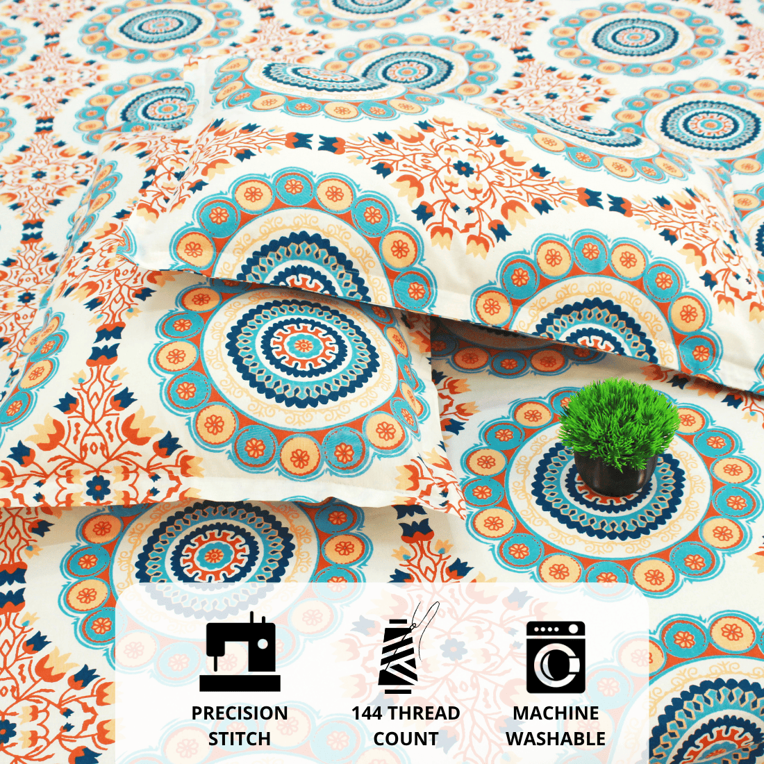Close Up Printed Floral Cotton 144 TC Fitted Bedsheet with Pillow Covers - Blue