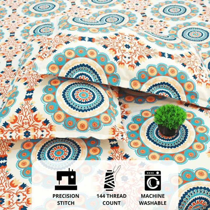 Close Up Printed Floral Cotton 144 TC Fitted Bedsheet with Pillow Covers - Blue