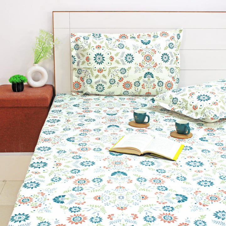 Printed Floral Cotton 144 TC Fitted Bedsheet with Pillow Covers - Green