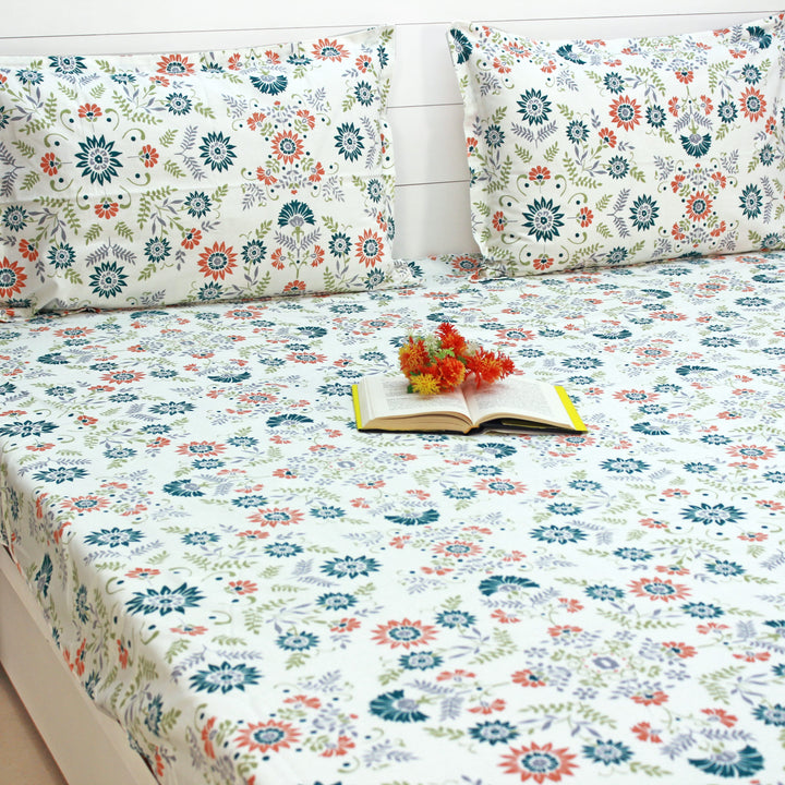 Printed Floral Cotton 144 TC Fitted Bedsheet with Pillow Covers - Green