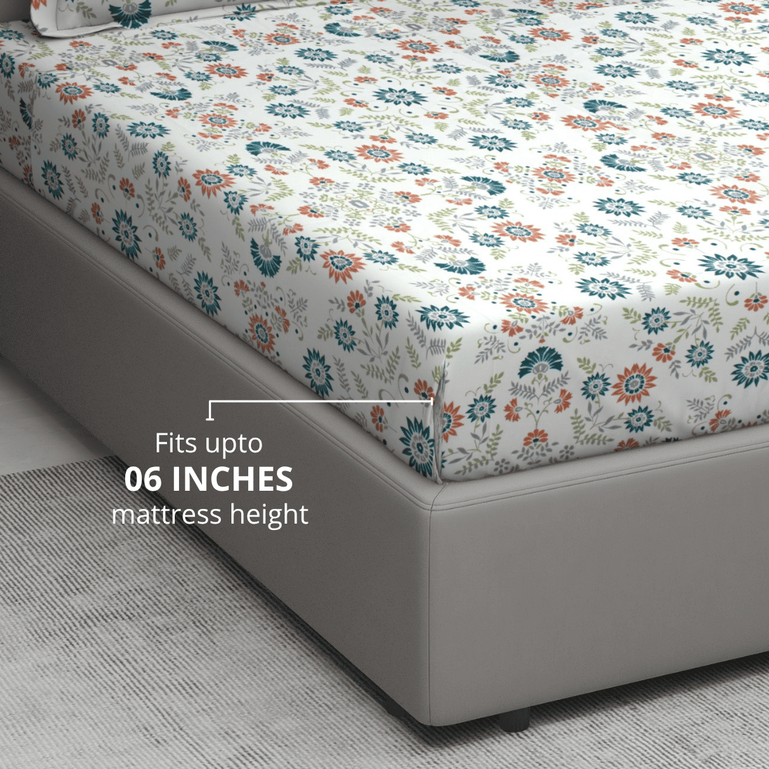 Printed Floral Cotton 144 TC Fitted Bedsheet  Fits upto 06 Inches 