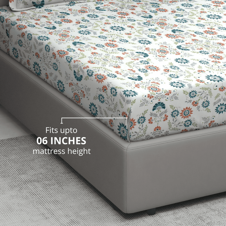 Printed Floral Cotton 144 TC Fitted Bedsheet  Fits upto 06 Inches 