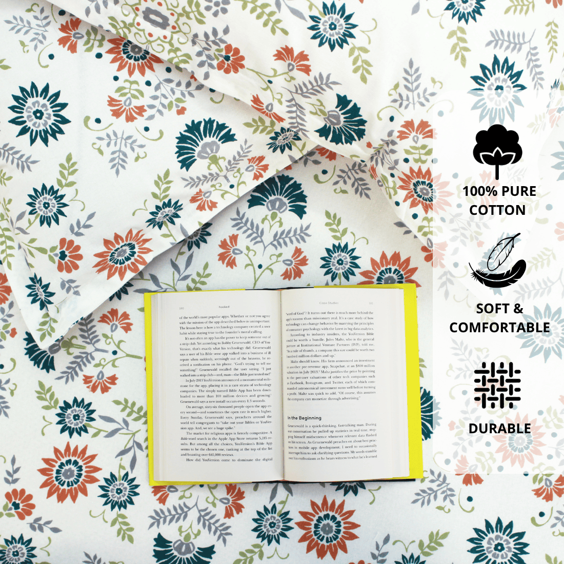 Close up Printed Floral Cotton 144 TC Fitted Bedsheet with Pillow Covers - Green