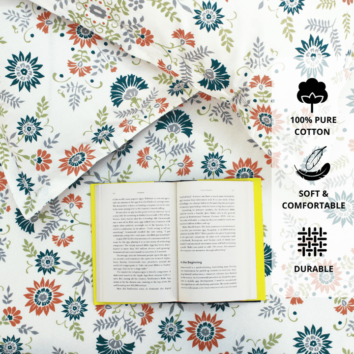 Close up Printed Floral Cotton 144 TC Fitted Bedsheet with Pillow Covers - Green