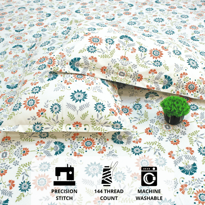 Close up Printed Floral Cotton 144 TC Fitted Bedsheet with Pillow Covers - Green