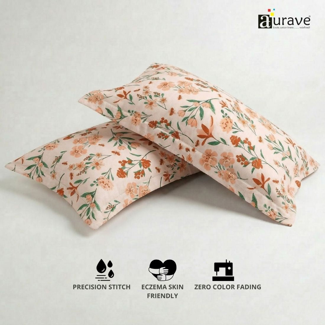 Eczema-friendly and fade-resistant floral cotton pillow covers by AURAVE showing precision stitching.