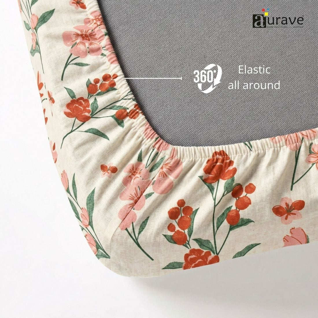 Floral-patterned Fitted bedsheet with elastic around, featuring the Aurave brand.