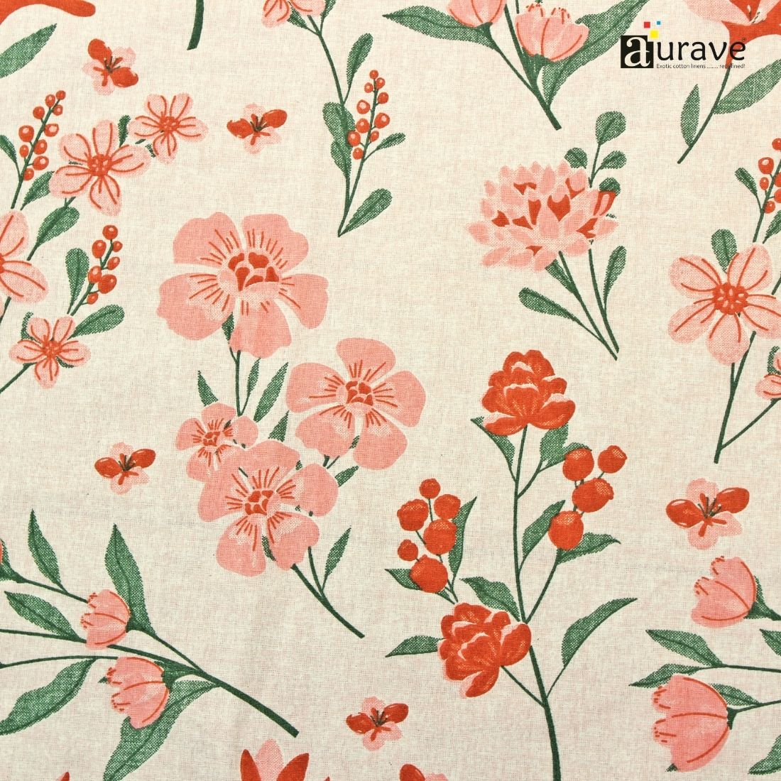 Floral pattern fitted bedsheet with pink and red flowers on a beige background, featuring the brand 'aurave'.