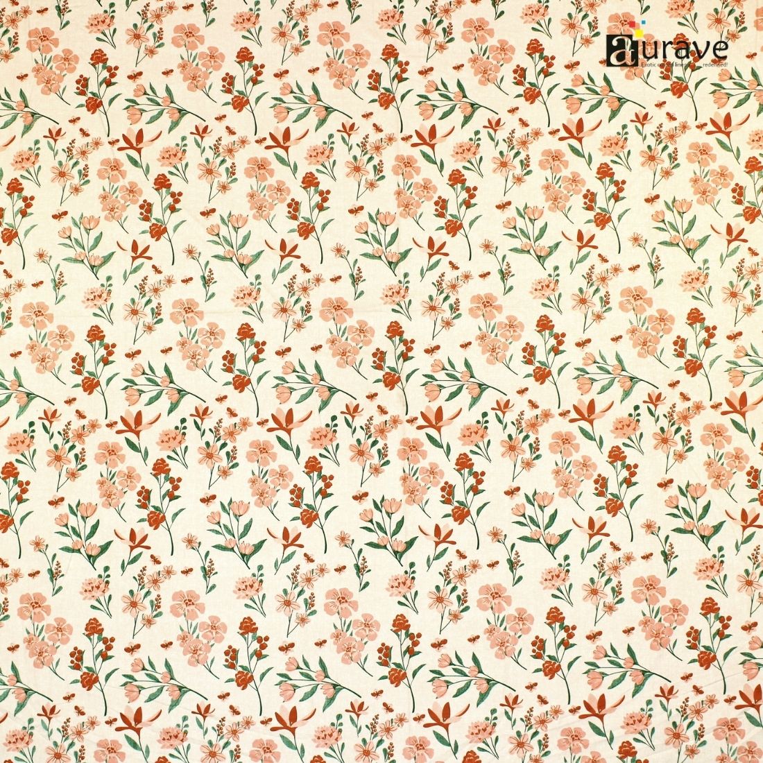 Floral pattern with small flowers and leaves on a beige background, brand 'AURAVE' Fitted Bedsheet.