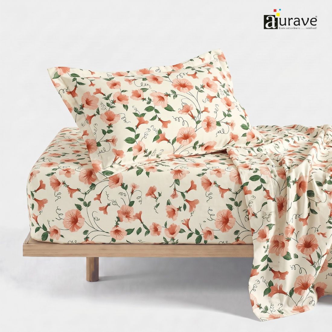 Printed Cotton Floral 144 TC Bedsheet with Pillow Cover - Peach