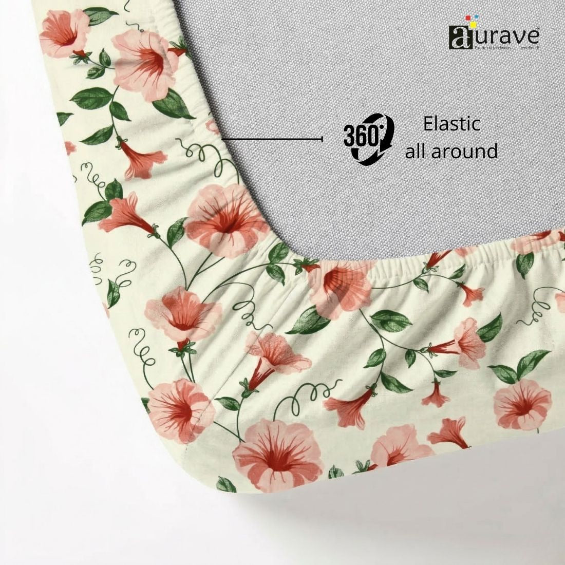 Floral-patterned elastic fitted bedsheet with 'aurave' branding and text on a light background