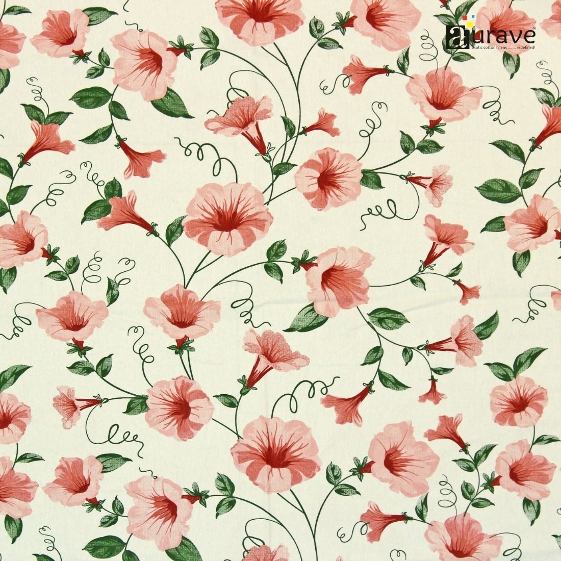 Floral pattern with pink flowers and green leaves on a beige background fitted bedsheet