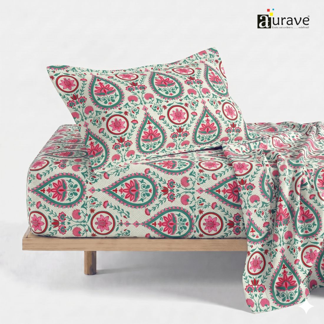 Printed Cotton Floral 144 TC Bedsheet with Pillow Cover - Aqua