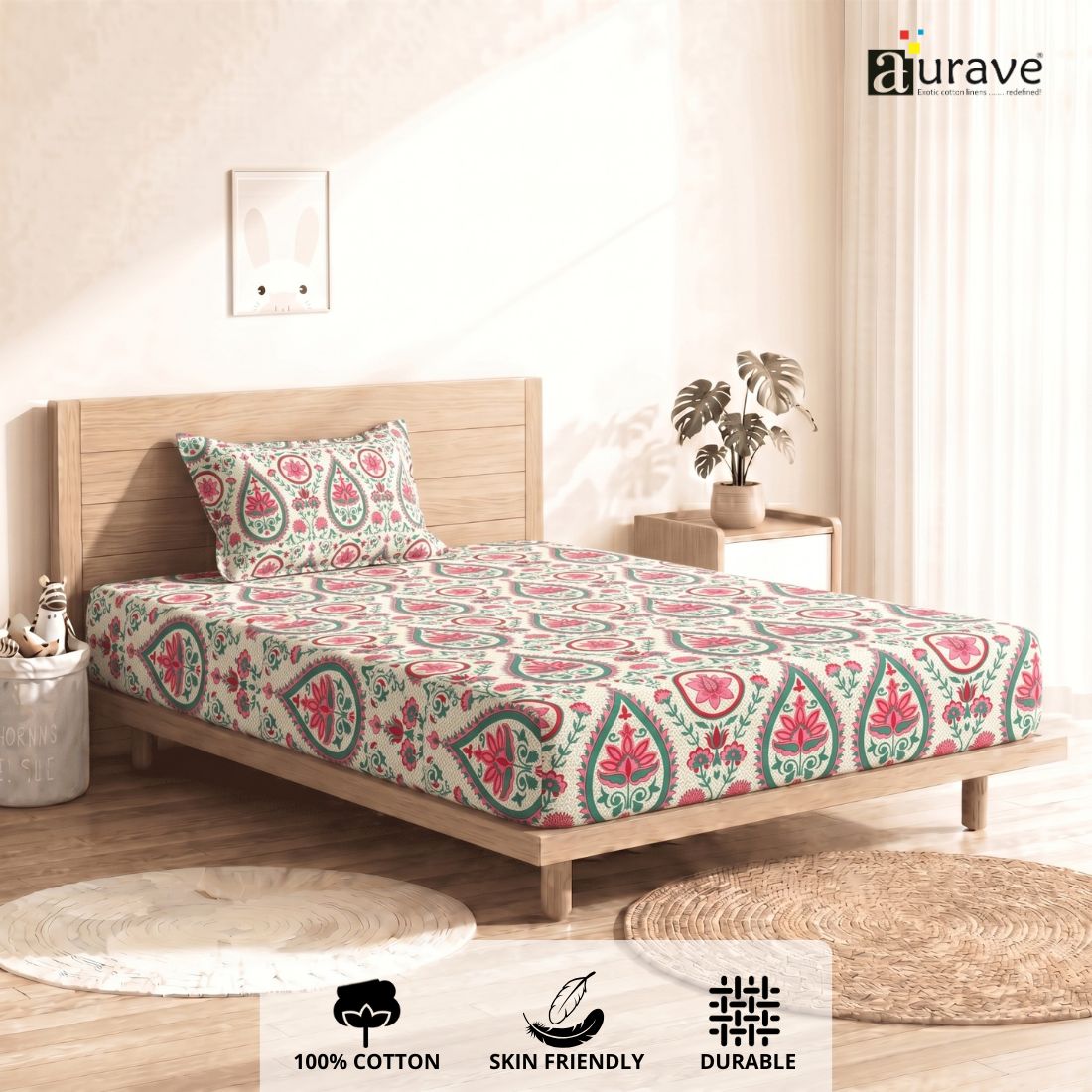Printed Cotton Floral 144 TC Bedsheet with Pillow Cover - Aqua