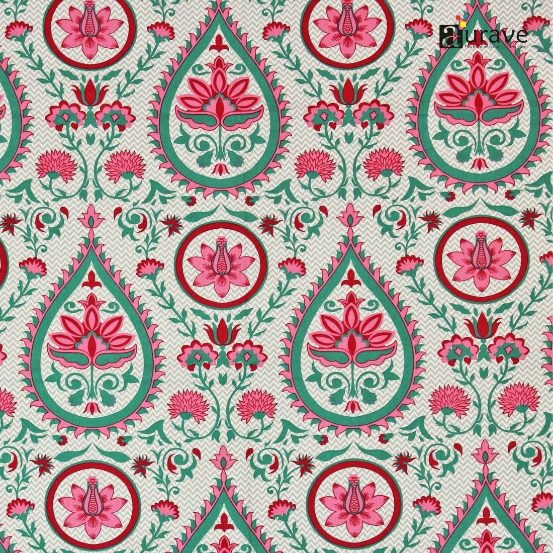Decorative pattern fitted bedsheet with pink and green floral design on a textured background