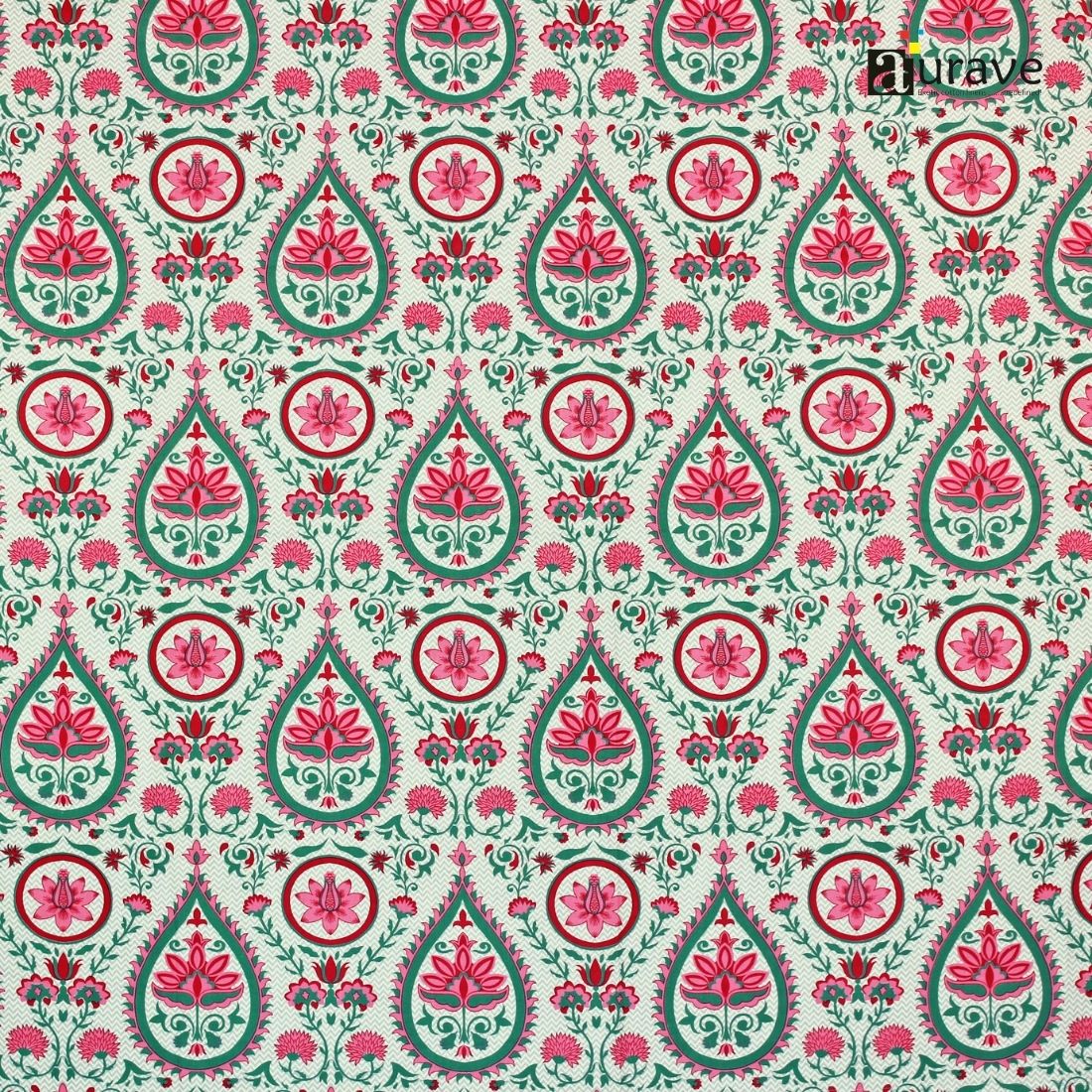 Patterned fabric with pink and green floral design on a light background