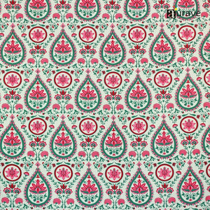 Patterned fabric with pink and green floral design on a light background